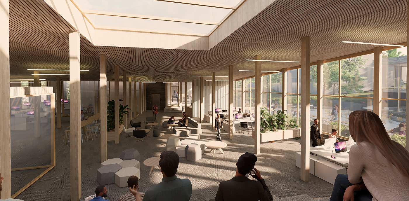 Gneiskvartalet_Interiør fra amfi Gneiskvartalet, illustrasjon av Dyrvik Arkitekter.