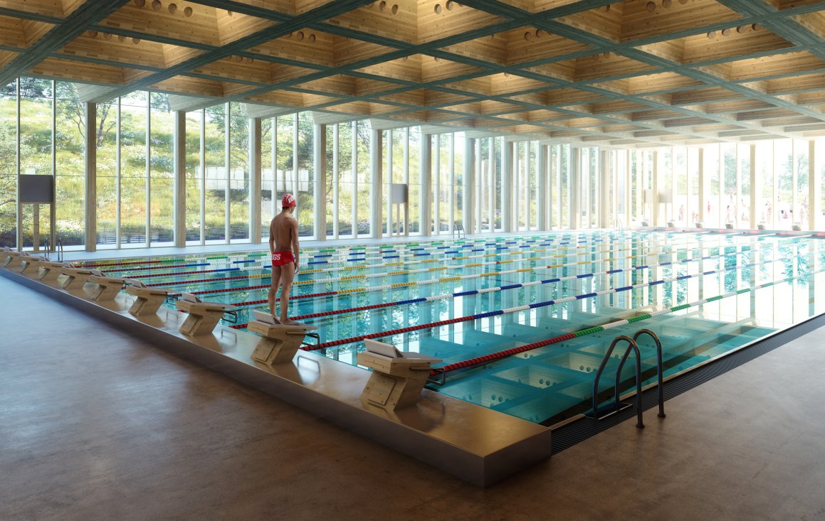 Inne i limtre-dragerne blir det vedlikeholdsganger som sikrer adkomst til alt utstyr som monteres i taket.