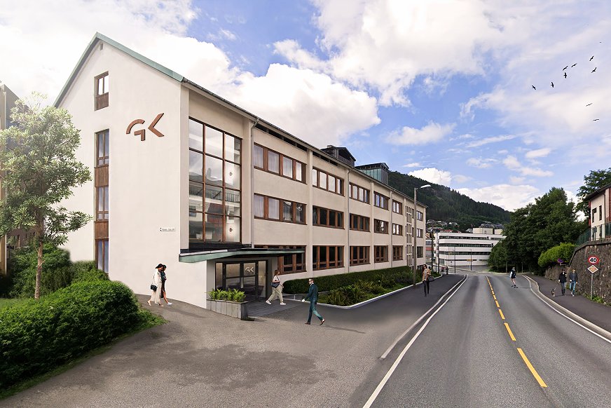 GKs nye kontorbygg i Bergen. Illustrasjon av Hjorth Arkitekter