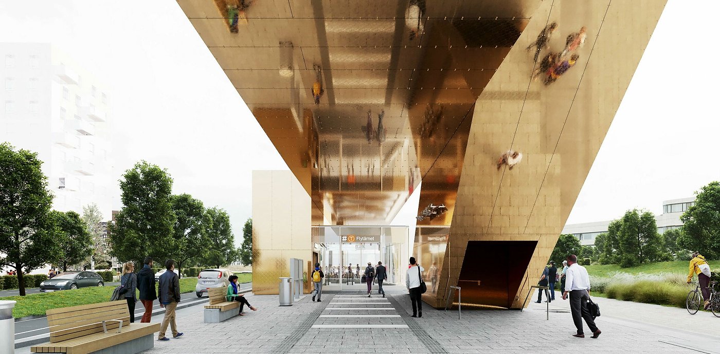 Flytårnet T-banestasjon på nye Fornebubanen. Illustrasjon: Mestres Wåge Arkitekter. Flytårnet T-banestasjon på nye Fornebubanen. Illustrasjon: Mestres Wåge Arkitekter.