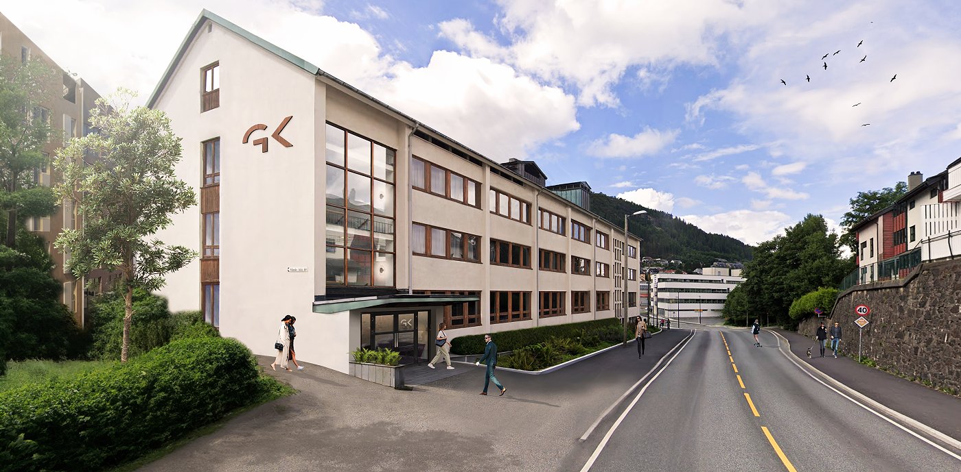 GKs nye kontorbygg i Bergen. Illustrasjon av Hjorth Arkitekter