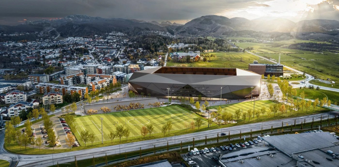 Illustrasjon av fotballarenaen Arctic Arena i Bodø.